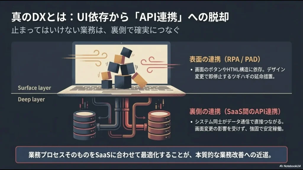 表面的なUI連携（RPA）と、強固で安定した裏側のAPI連携（SaaS）の違いを階層で示した図