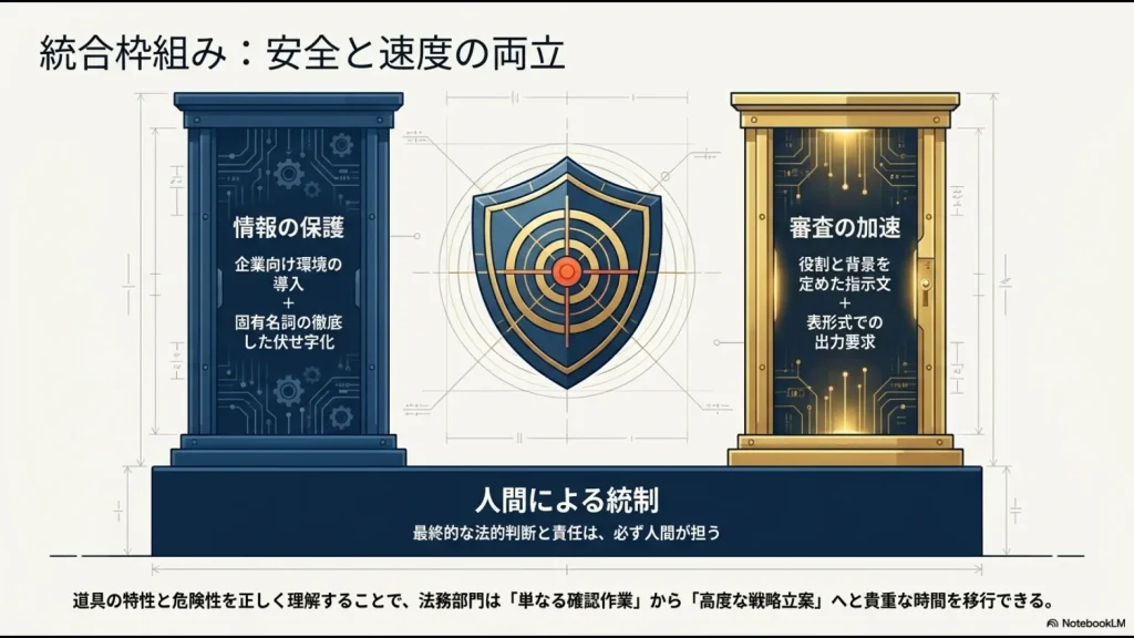 統合枠組み	情報の保護、審査の加速、人間による統制の3つを組み合わせた、安全なAI運用の全体像。