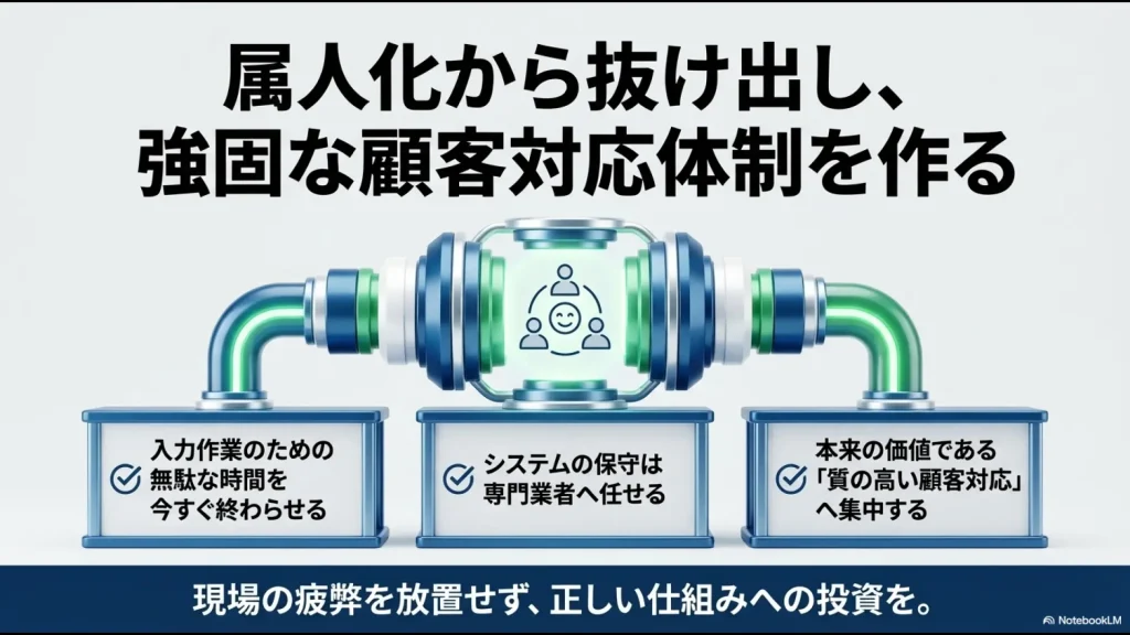 無駄な入力を終わらせ、保守を外注し、質の高い顧客対応に集中することを促すまとめ図