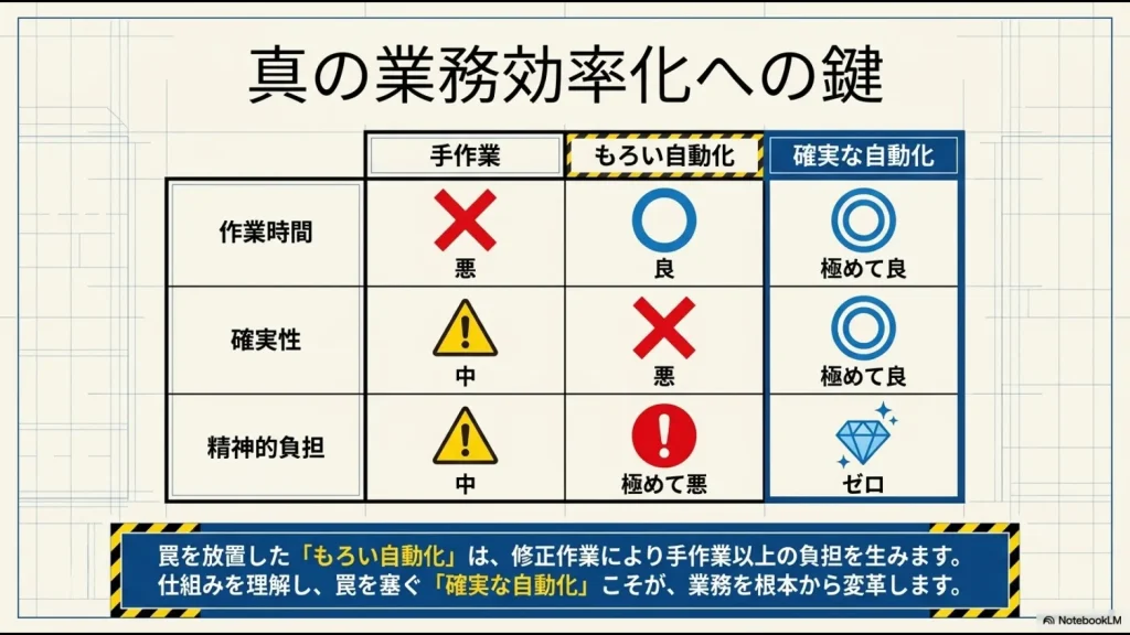 手作業、もろい自動化、確実な自動化の3つを、作業時間・確実性・精神的負担の指標で比較した表。確実な自動化がすべての項目で最も優れており、精神的負担がゼロになることを示している図解。