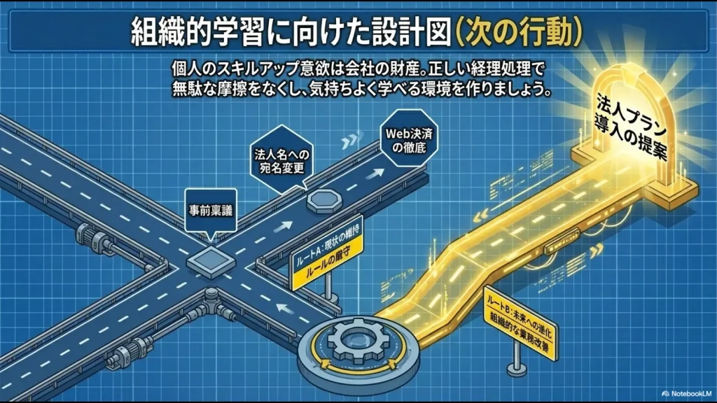 現状維持のルール厳守ルートと、法人導入による業務改善ルートの選択肢を示す図