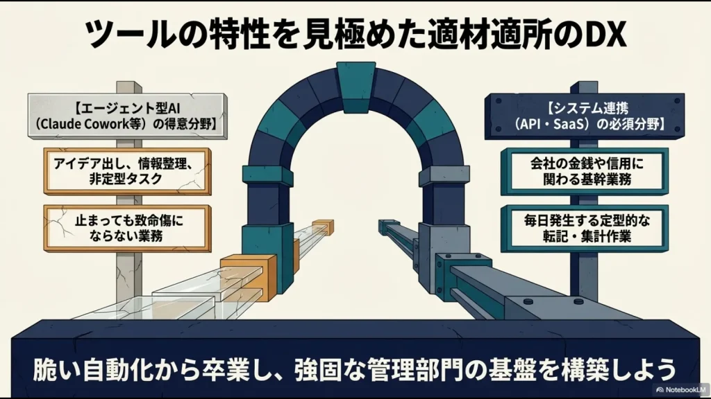 アイデア出しや非定型タスクはAI、基幹業務や定型作業はAPI・SaaSという、ツールの特性に応じた使い分けの指針