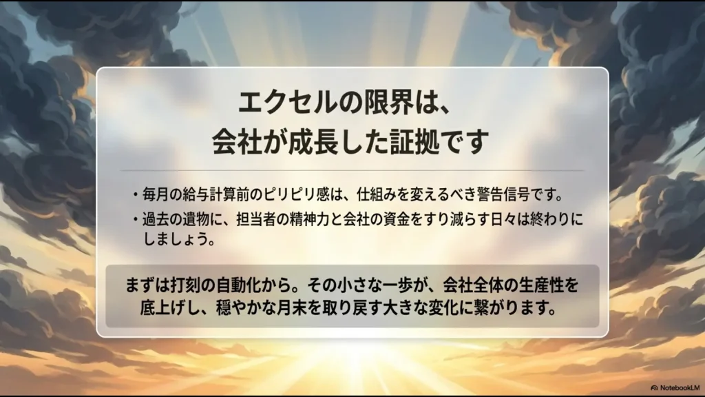 エクセルの限界を警告信号と捉え、打刻の自動化から始めることで穏やかな月末を取り戻そうというメッセージ。