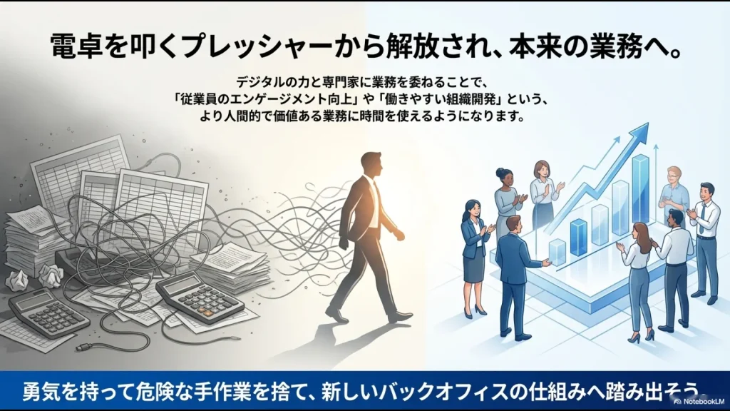 電卓を叩くプレッシャーから解放され、従業員のエンゲージメント向上や組織開発に時間を使えるようになる未来の姿