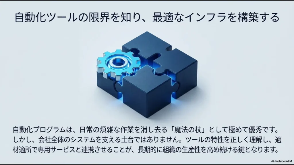 GASの特性を理解し、専用サービスと連携させて長期的な生産性を高めるためのインフラ構築のまとめイメージ