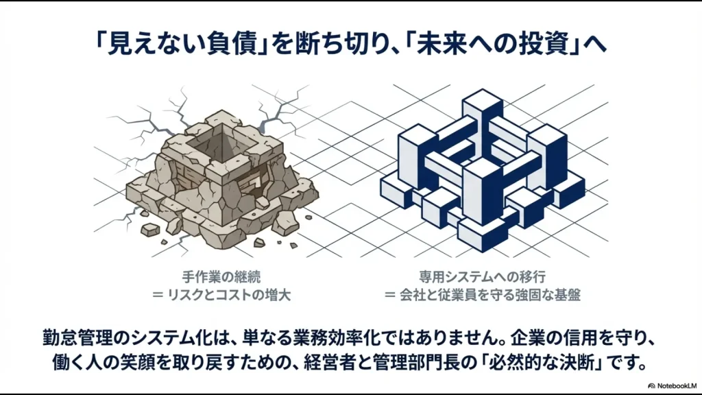 ボロボロの古い建物（手作業のリスク）から、強固で新しい構造物（システム化による基盤）へと移行し、企業の信用を守る決断を促すイメージ画像