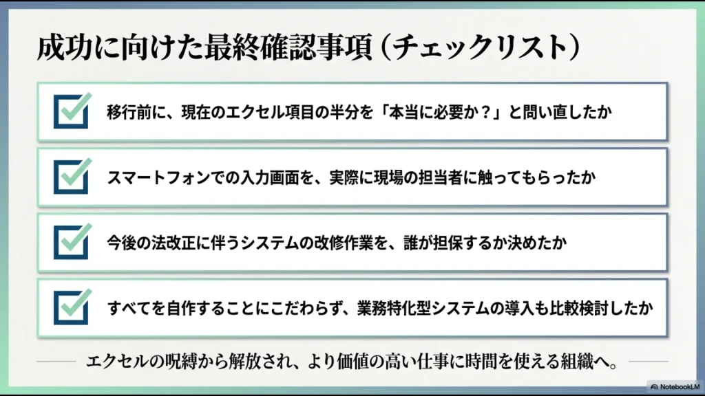項目の断捨離、現場での操作確認、保守体制の決定、自作以外の検討など、移行成功のためのチェックリスト