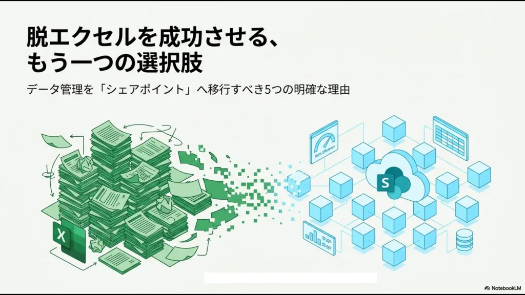 脱エクセルを成功させるもう一つの選択肢として、データ管理をSharePointへ移行すべき5つの明確な理由を示したタイトル画像