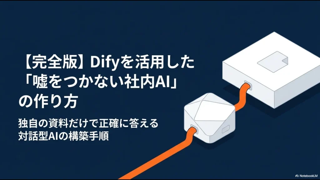 Difyを活用して独自の資料から正確に回答する社内専用AIを構築する手順の解説資料タイトル