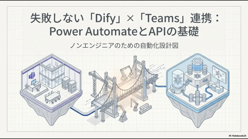 TeamsとDifyが橋で繋がれ、Power Automateによってデータが自動で運ばれる様子を描いたタイトルスライドのイラスト。