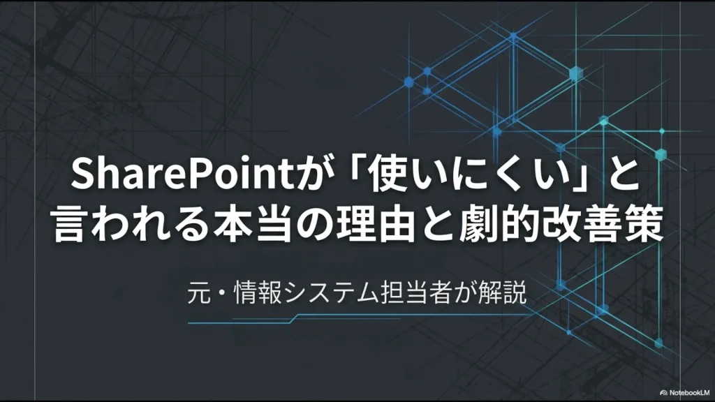 SharePoint導入後に現場から噴出する、ファイルが見つからない、動きが遅い、クリック回数が多いという3つの不満を表したイラスト