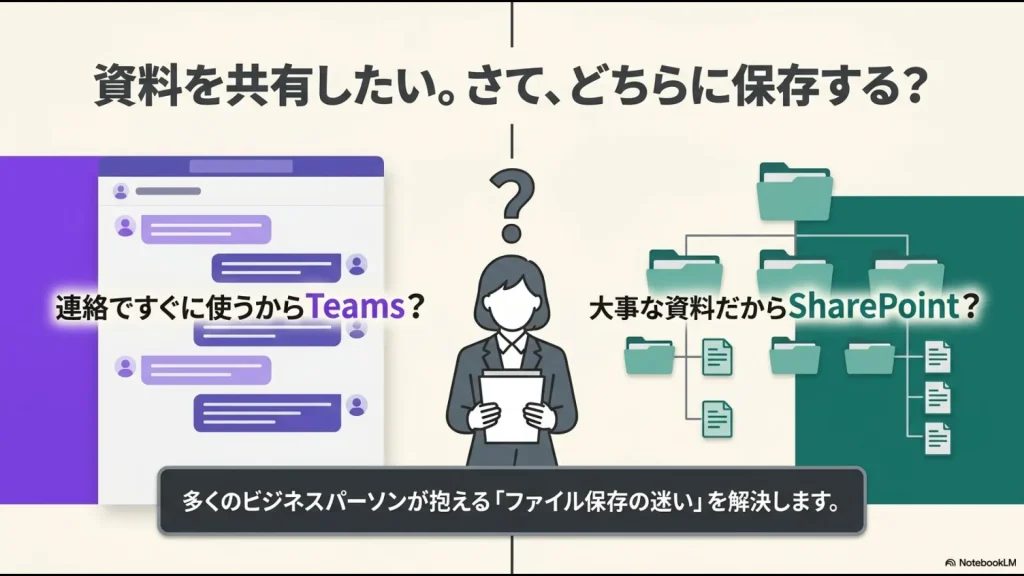 資料を共有する際にTeamsに保存すべきかSharePointに保存すべきか迷うビジネスパーソンのイメージ