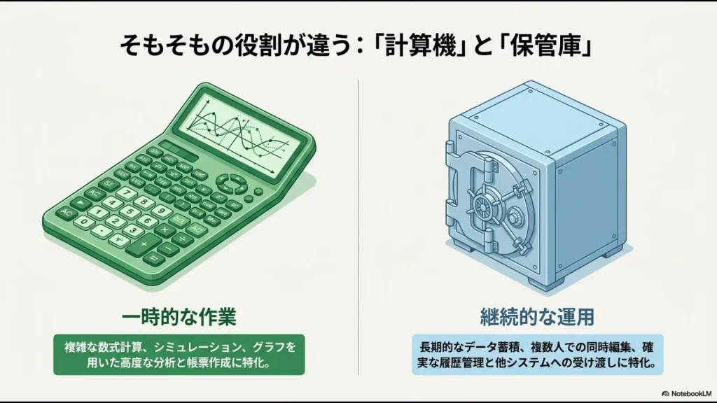 エクセルは計算機、SharePointは保管庫として、そもそもの得意な役割が異なることを比較した図