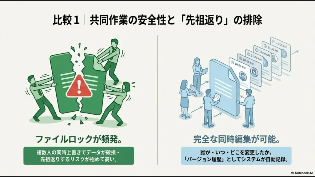 エクセルのファイルロックや先祖返りのリスクと、SharePointの完全な同時編集・履歴管理の安全性を比較した図