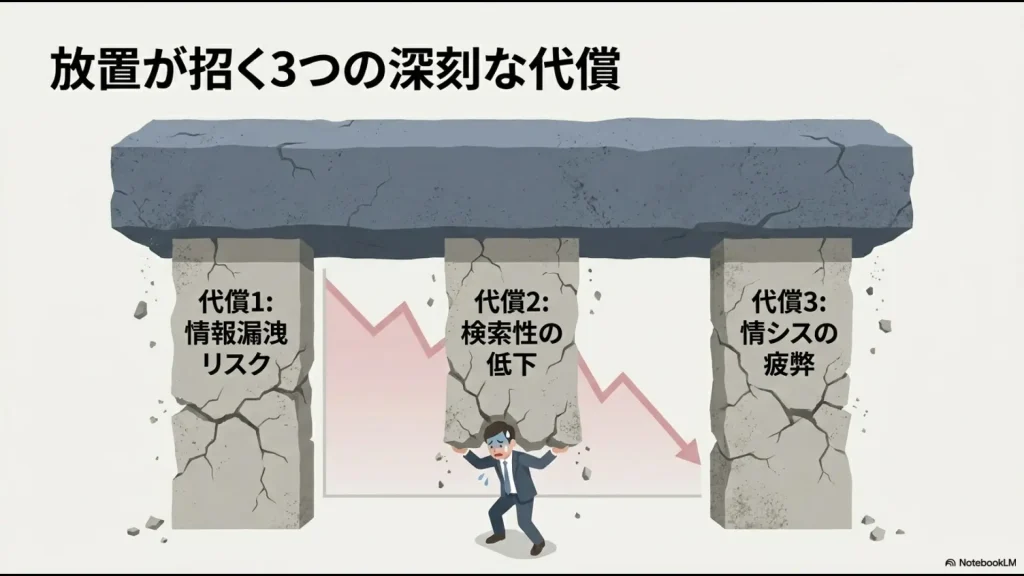 野良チームの放置が招く3つの深刻な代償(情報漏洩リスク、検索性の低下、情シスの疲弊)の図解
