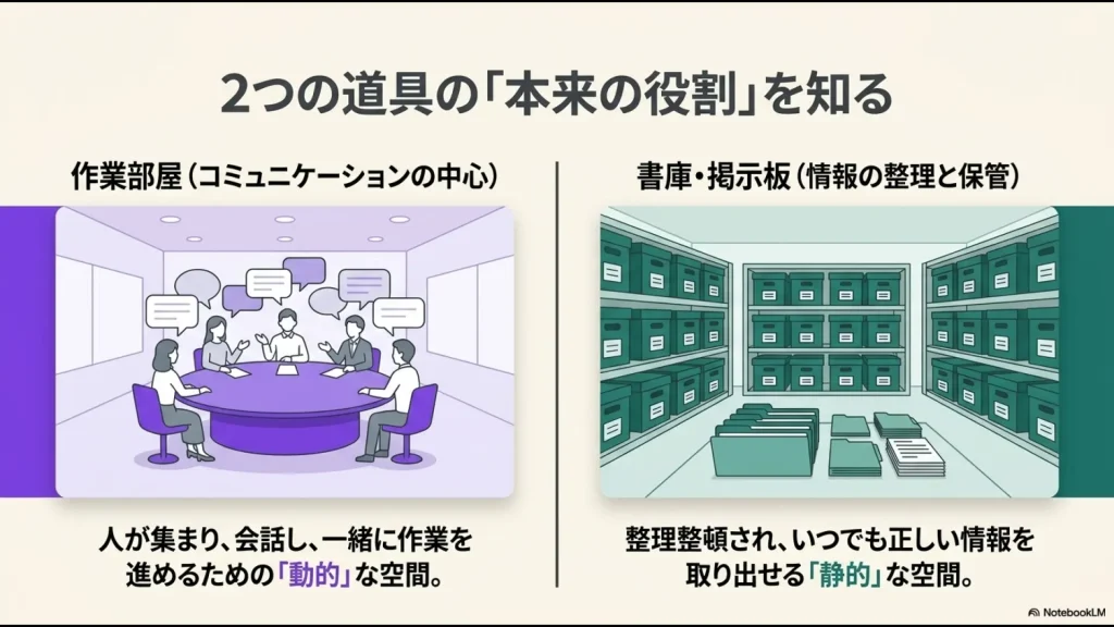 コミュニティの中心である動的な作業部屋としてのTeamsと、情報の整理と保管を行う静的な書庫としてのSharePointの役割比較