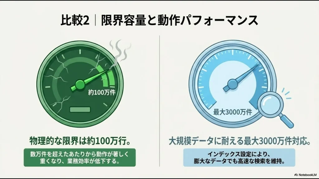 エクセルの約100万件の限界と、SharePointの最大3000万件対応の大規模データ処理パフォーマンスを比較したメーター図