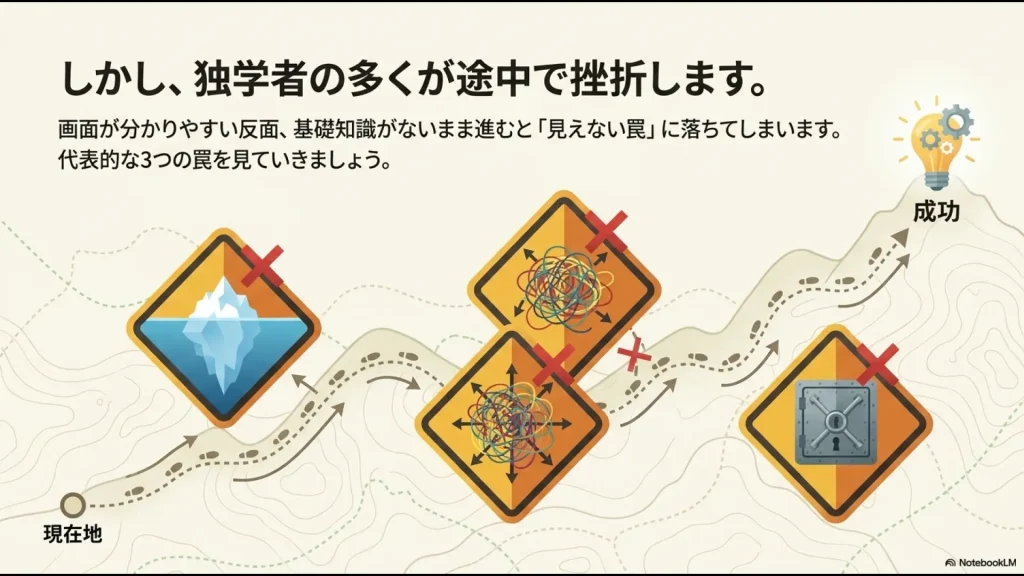Difyの独学において、現在地から成功への道のりで初心者が直面しやすい「見えない3つの罠」のロードマップを示したスライド画像