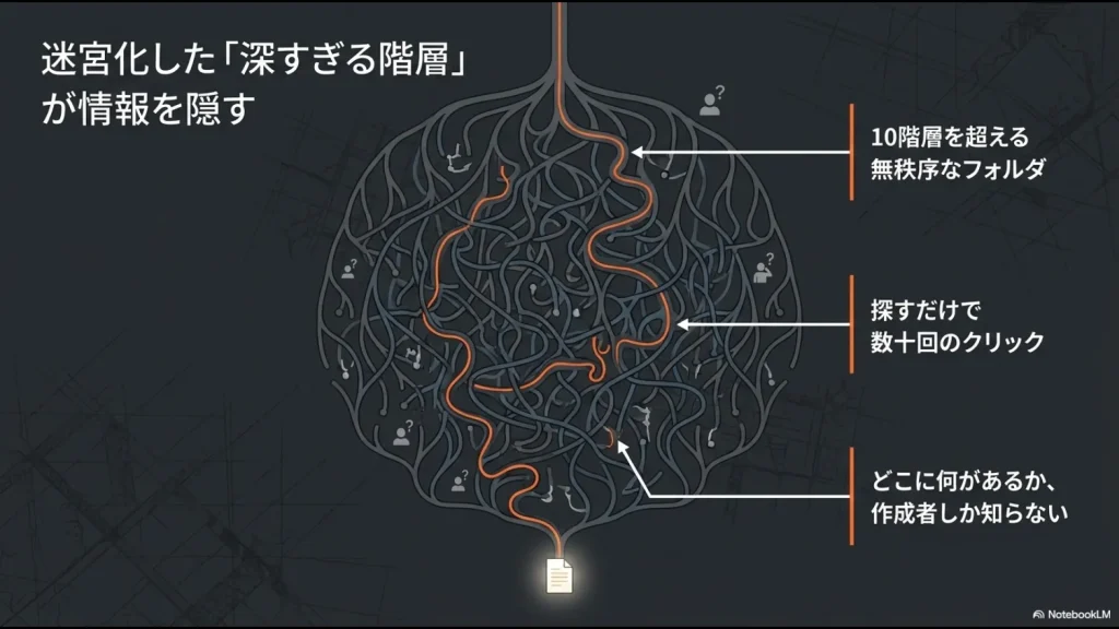 10階層を超える無秩序なフォルダ構造により情報が迷宮化し、探すだけで数十回のクリックが必要になっている状態の図解