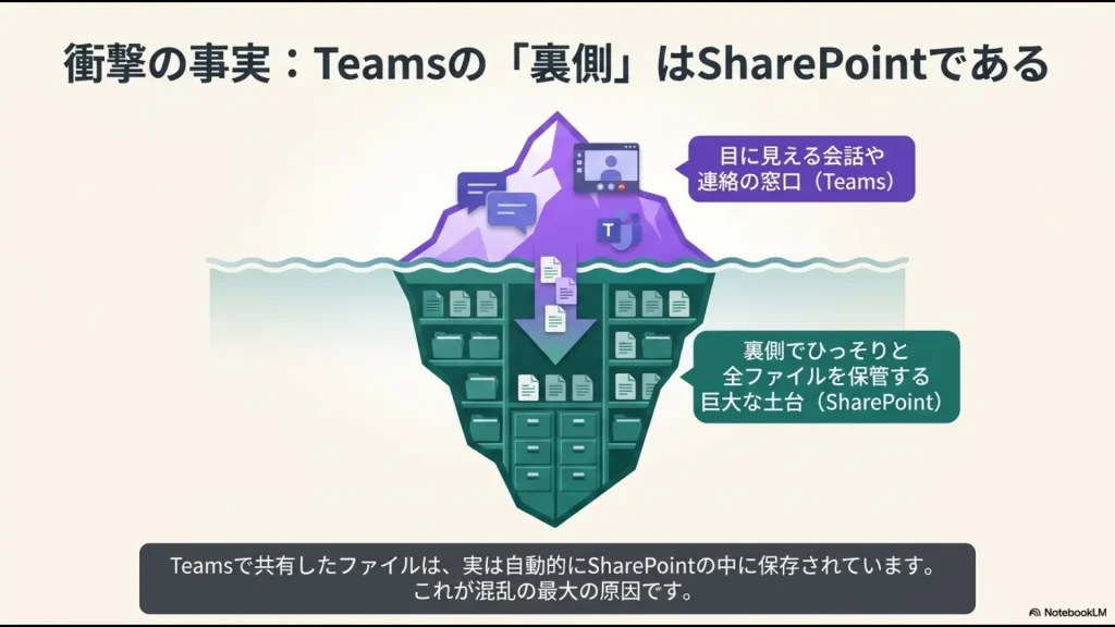 水面上の目に見える会話窓口としてのTeamsと、水面下で全ファイルを保管する巨大な土台としてのSharePointの構造図