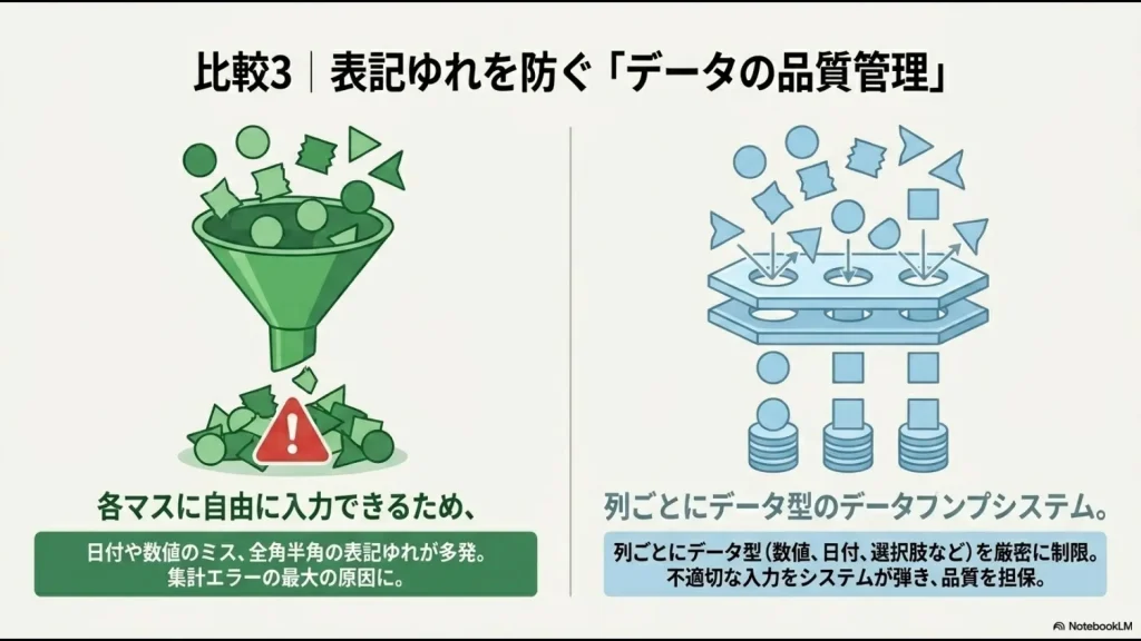 自由入力によるエクセルの表記ゆれエラーと、SharePointの列ごとのデータ型制限による品質担保を比較した図