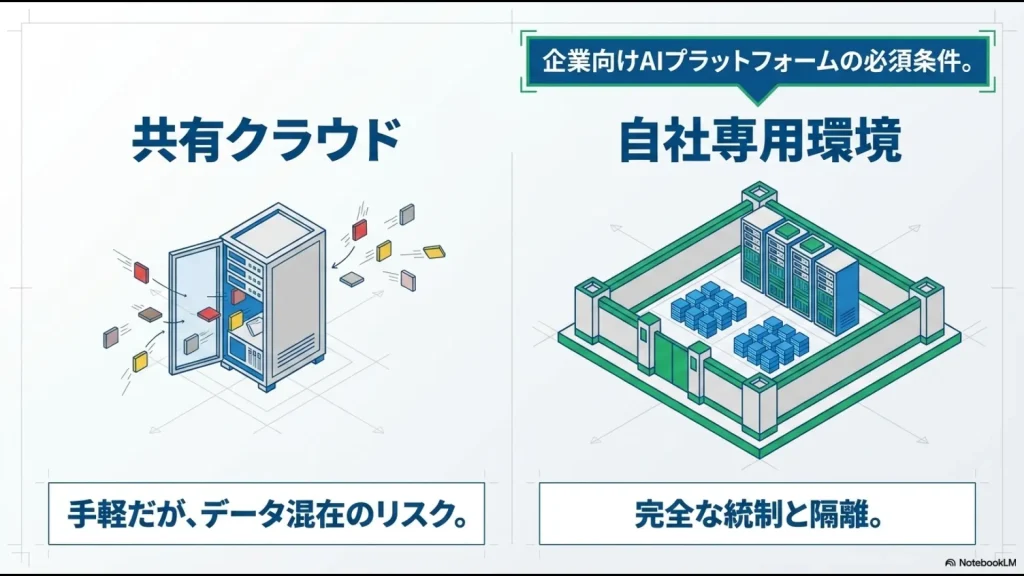 手軽だがデータ混在リスクがある共有クラウドと、完全な統制と隔離ができる自社専用環境のセキュリティの違いを視覚的に表現したイラスト。