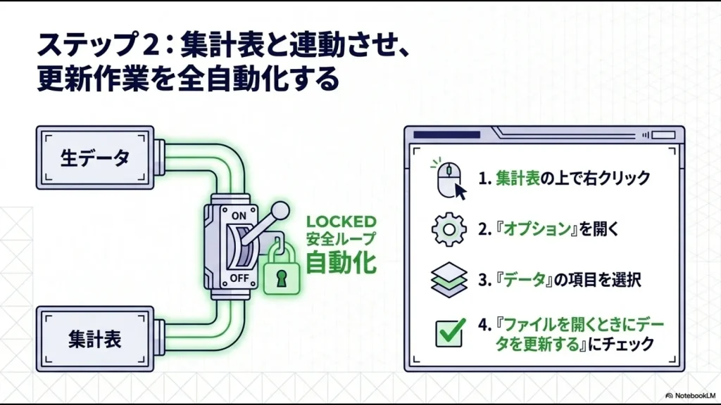 ピボットテーブルオプションのデータタブにある「ファイルを開くときにデータを更新する」の設定手順。