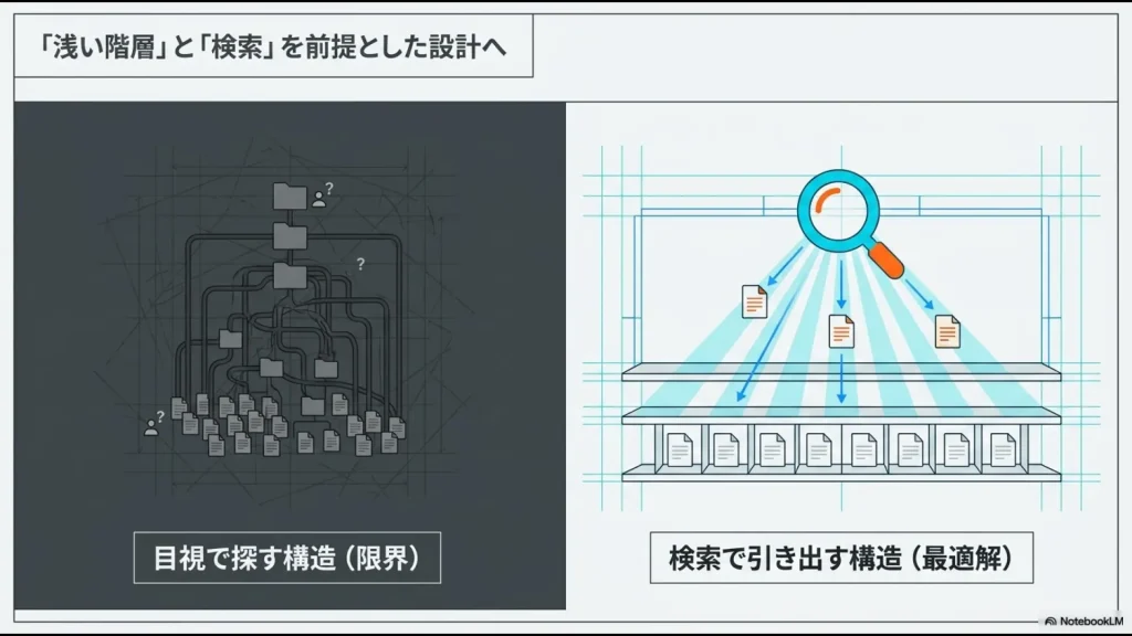 フォルダを1つずつ目視で探す階層構造の限界と、浅い階層で検索を使って一発でファイルを引き出す最適解の設計を比較した図