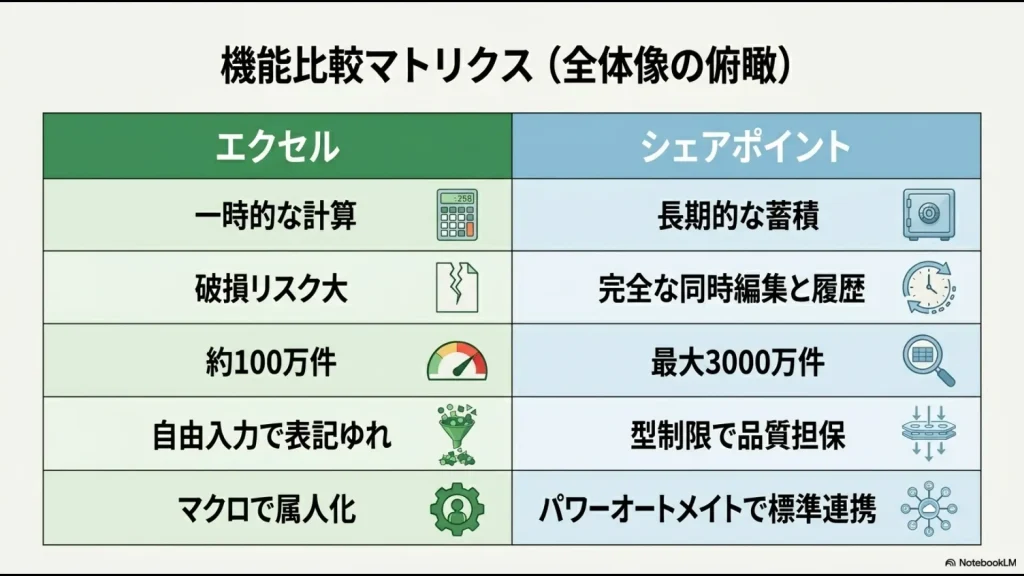 計算機能、履歴管理、データ容量、品質担保、標準連携の5つの観点でエクセルとSharePointの違いを一覧で比較したマトリクス表