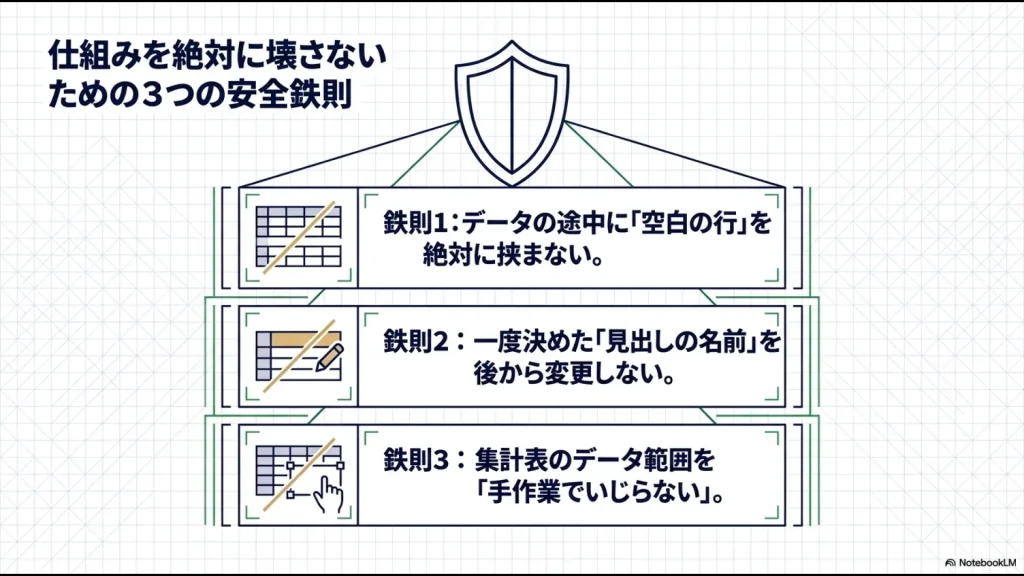 データの途中に空白行を挟まない、見出し名を変更しないなど、自動化の仕組みを壊さないための運用ルール。