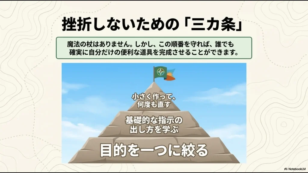 Difyで自分だけの便利な道具を作るための「小さく作って、何度も直す」「基礎的な指示を学ぶ」「目的を一つに絞る」という三カ条をまとめたスライド画像