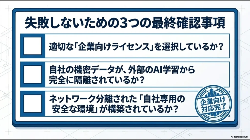 適切なライセンスの選択、外部AI学習からの隔離、ネットワーク分離された自社専用環境の構築という、導入時の最終チェックポイントを記載したスライド。