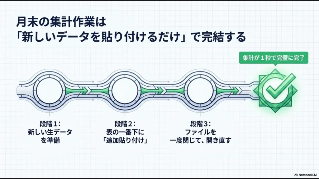新しいデータを貼り付けてファイルを開き直すだけで集計が完了する、自動化導入後の効率的な作業フロー。
