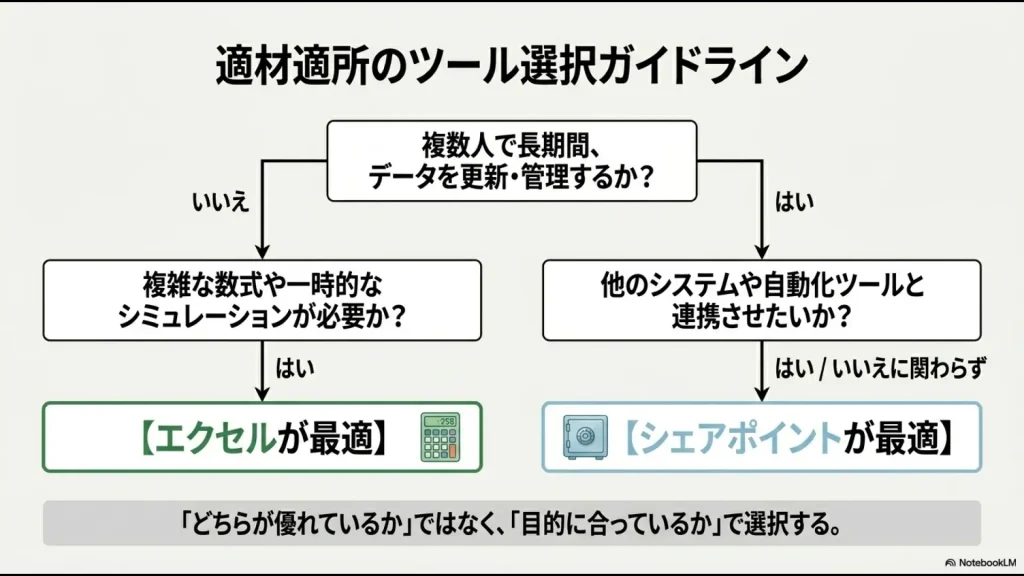 複数人での長期管理や自動化連携の有無などの質問から、エクセルとSharePointのどちらが最適かを判断できるフローチャート図