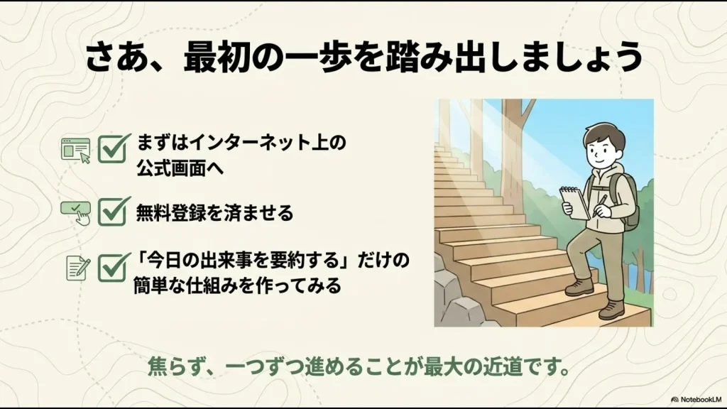 インターネット上の公式画面へ無料登録し、まずは「今日の出来事を要約する」だけの簡単な仕組み作りから一歩ずつ始めることを推奨したスライド画像
