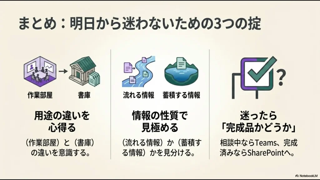 用途の違いを心得る、情報の性質で見極める、迷ったら完成品かどうかで判断するというM365運用改善の3つの掟