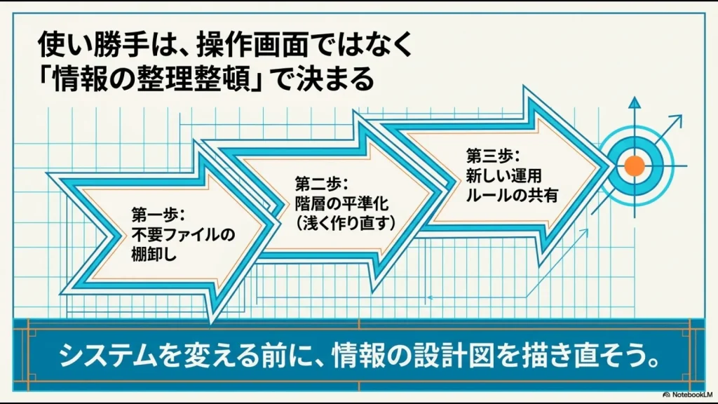 第一歩の不要ファイル棚卸し、第二歩の階層の平準化、第三歩の新しい運用ルール共有という、情報の設計図を描き直すためのステップ図