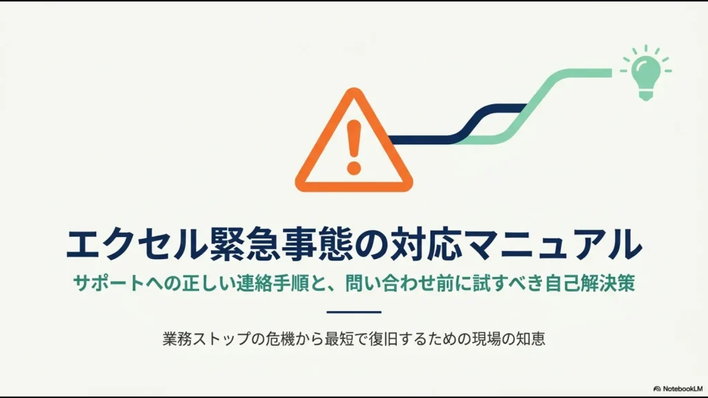 エクセルの不具合が発生した際のサポート連絡や自己解決の全体的な流れを示したマニュアル資料