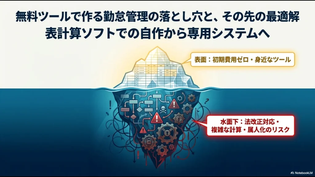 表計算ソフトでの自作勤怠管理における、初期費用ゼロという表面上の魅力と、法改正対応や属人化リスクという水面下の課題を氷山に例えて比較した図解スライド
