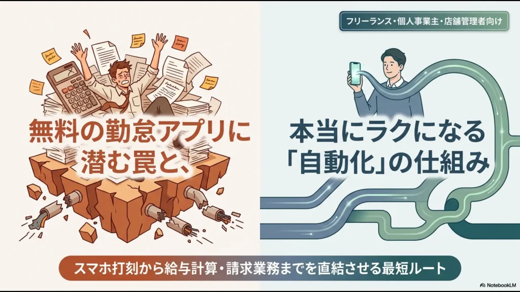 フリーランス・個人事業主・店舗管理者向けの、無料の勤怠アプリに潜む罠と本当にラクになる自動化の仕組みを解説するスライド画像。