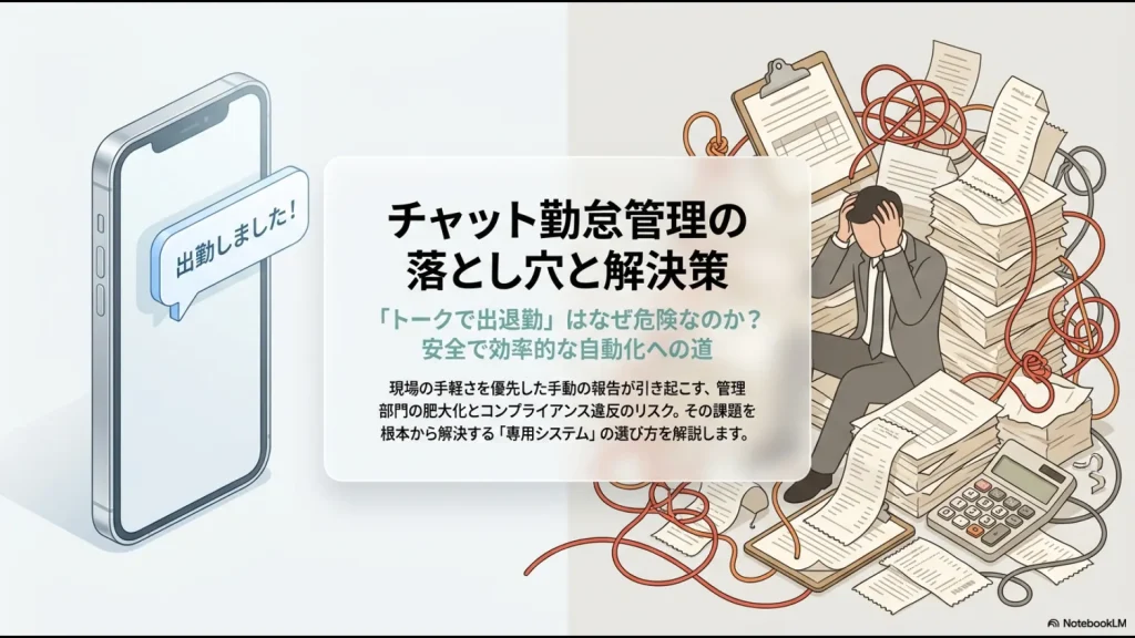 チャット勤怠管理の落とし穴と解決策。スマホの画面に「出勤しました！」と表示されたイラストと、手動報告のリスクや専用システムの選び方を解説するリード文のスライド。