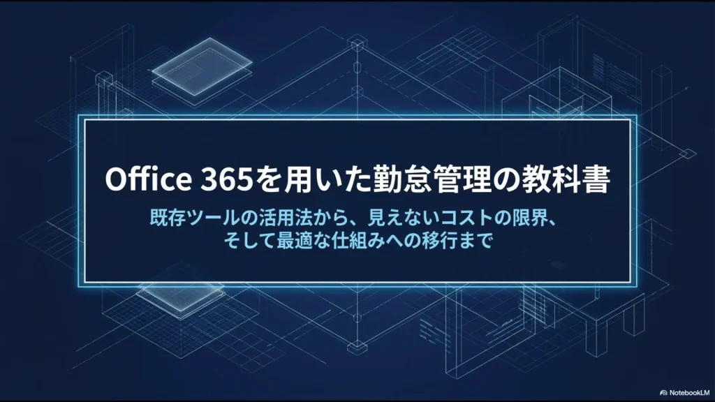 Office 365を用いた勤怠管理の教科書のスライド表紙。既存ツールの活用法、見えないコストの限界、最適な仕組みへの移行ロードマップの概要。