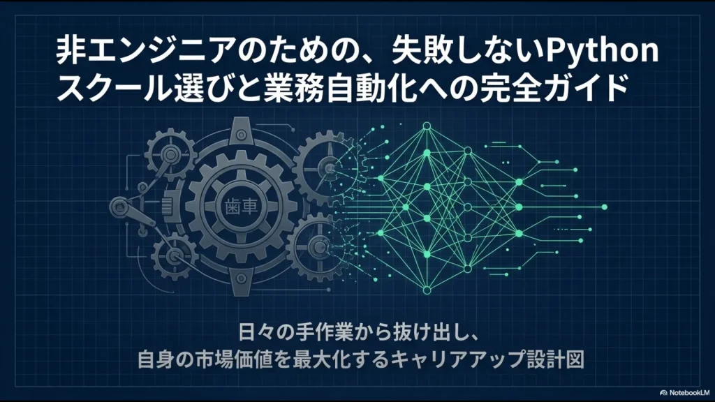 非エンジニアのための、失敗しないPythonスクール選びと業務自動化への完全ガイドの表紙スライド。日々の手作業から抜け出し、自身の市場価値を最大化するキャリアアップ設計図という文字が記載されています。