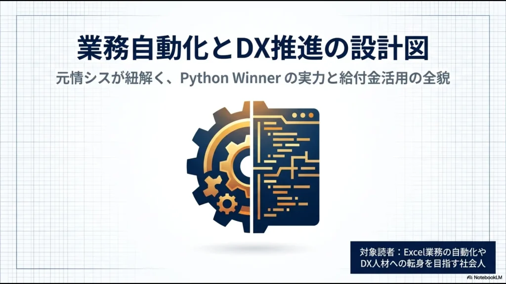 業務自動化とDX推進の設計図として、元情シスが紐解くPython Winnerの実力と給付金活用の全貌を解説したスライド。対象読者はExcel業務の自動化やDX人材への転身を目指す社会人と記載され、左側に歯車とコードのロゴ、右側に悩む会社員のイラストがある。