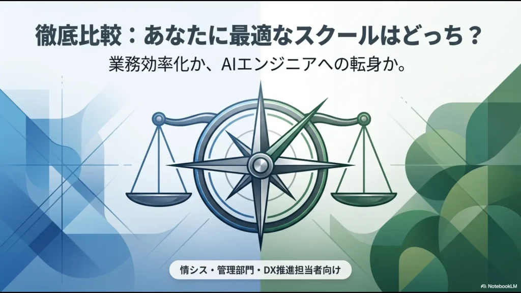 Python Winnerとキカガクの徹底比較スライドの表紙。情シス・管理部門・DX推進担当者向けの最適なスクール選びの案内。