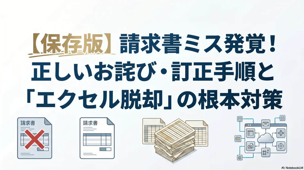 山積みになったミスの多い紙の請求書から、専用システムによる美しく自動化されたクレンズな請求書へデータが流れていくイメージイラスト