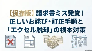山積みになったミスの多い紙の請求書から、専用システムによる美しく自動化されたクレンズな請求書へデータが流れていくイメージイラスト
