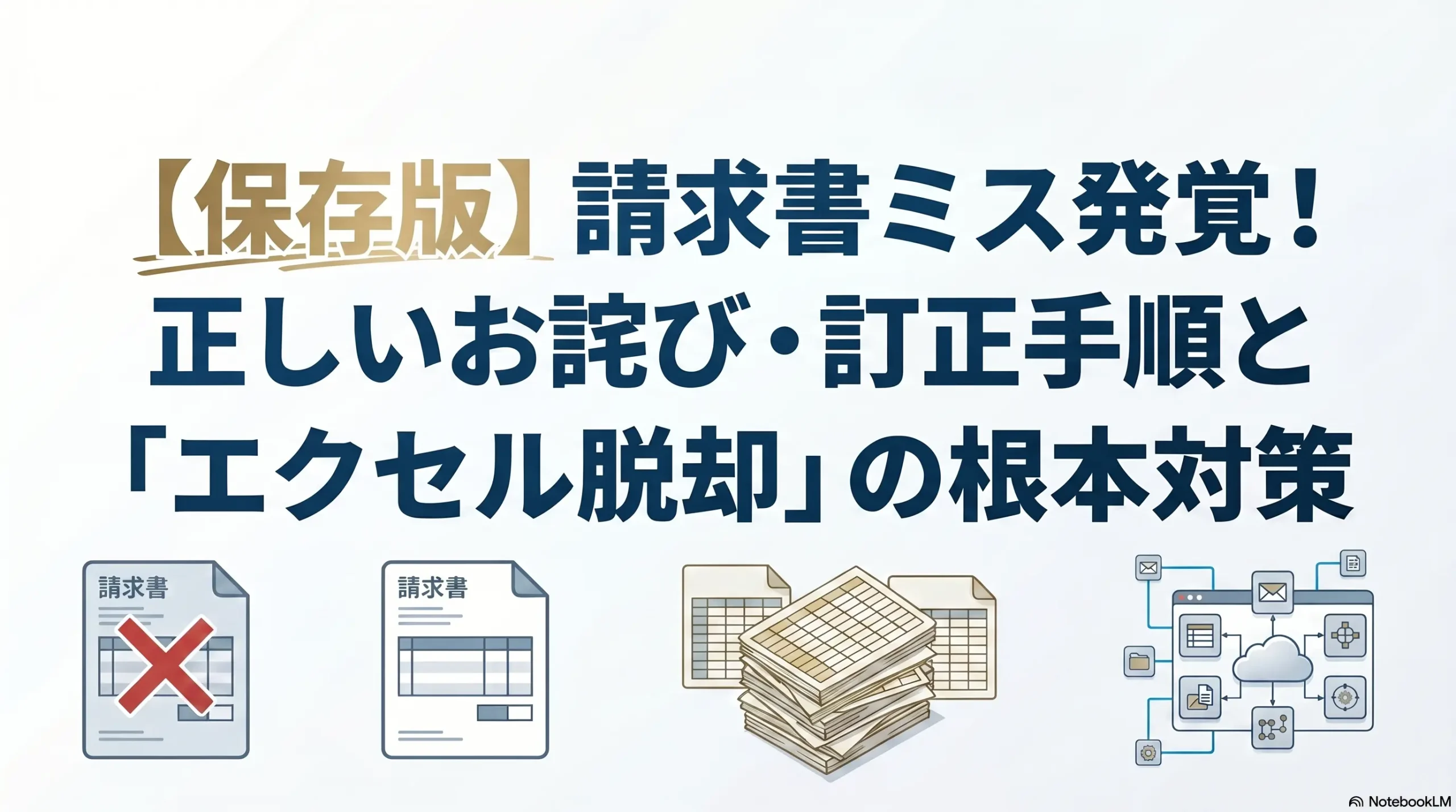 山積みになったミスの多い紙の請求書から、専用システムによる美しく自動化されたクレンズな請求書へデータが流れていくイメージイラスト