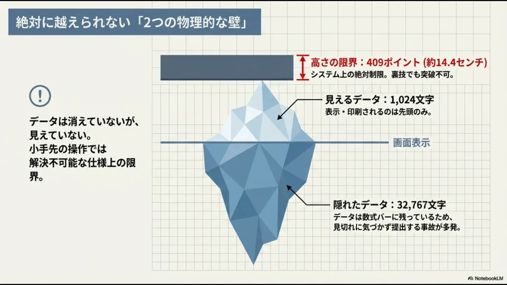 エクセルのシステム絶対制限である高さ409ポイントの壁と、数式バーに残るが画面に表示されない1024文字の表示制限の図解