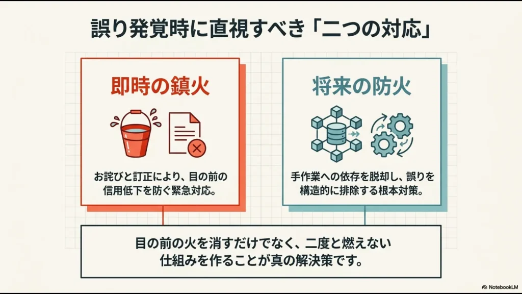 請求書ミス発生時、お詫びと訂正で目の前の信用低下を防ぐ緊急対応の「即時の鎮火」と、手作業への依存を脱却して誤りを構造的に排除する「将来の防火」の2つのアプローチを示した図